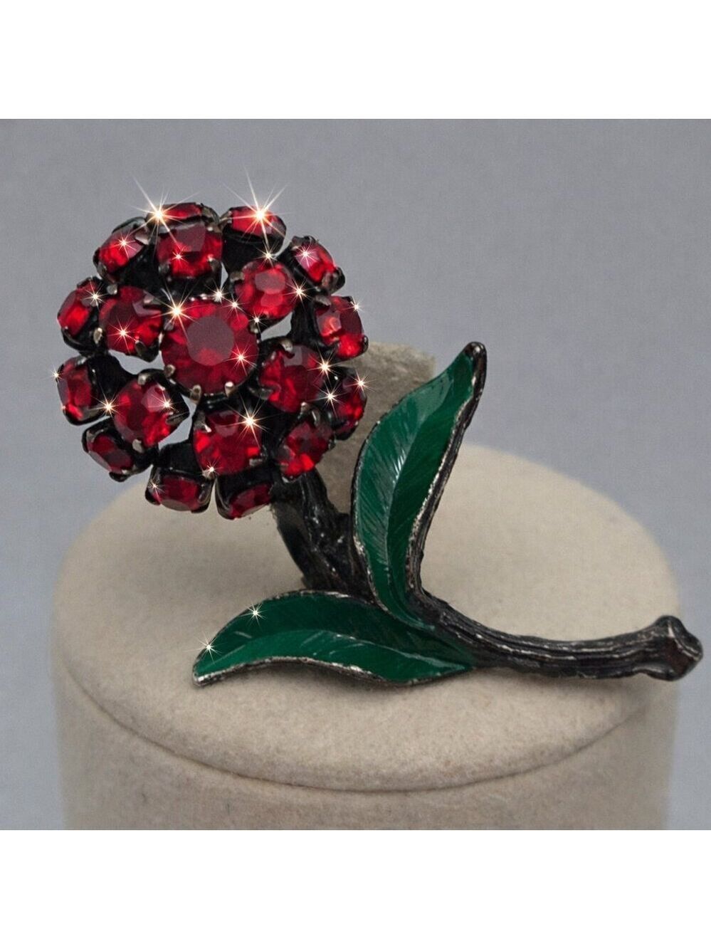 Vintage Austrian Brooch Red Cherry Green Enamel Floral Pin Artisanal Gift